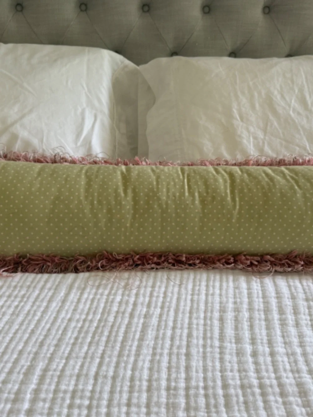 Striped Pink and Green Fringe Trimmed Bolster Pillow